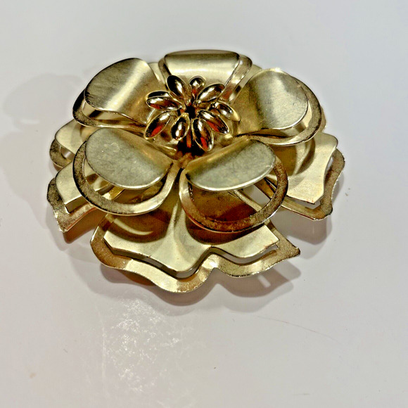 Vintage Large Gold Tone 2 1/2 " Costume Floral Rose Peony Brooch Pin - Picture 5 of 6